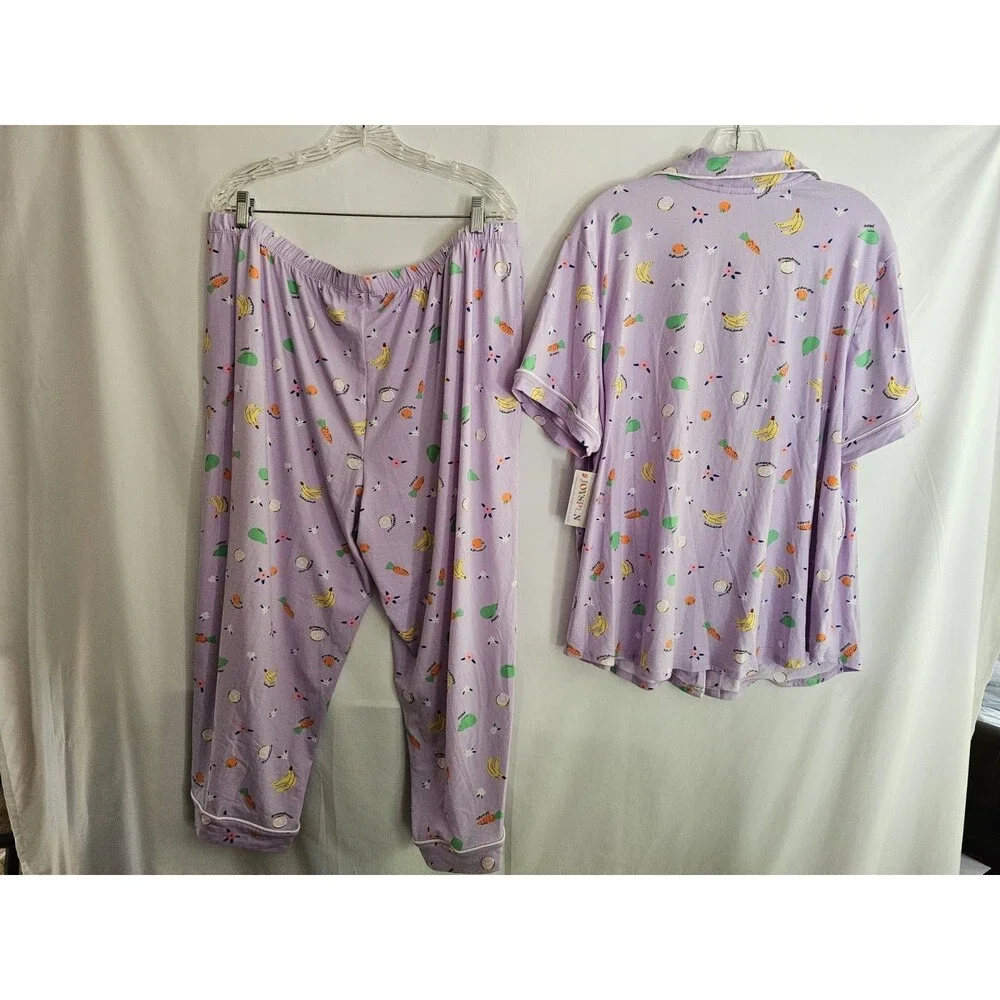Joyspun NWT Womens 2X Pajama Set Purple Fruit Print Button Front Short Sleeve